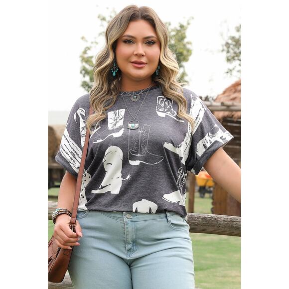 Gray Western Boots Print Crew Neck Short Sleeve Top Sizes: 1X  3X New - Picture 9 of 9
